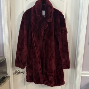 NEW Anthropologie Burgundy Faux Fur Coat - Size M